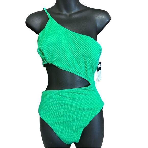 NEW WITH TAGS WOMEN Gianni Bini GREEN Solid Textured Pique One Shoulder Cut-Out - Picture 1 of 9